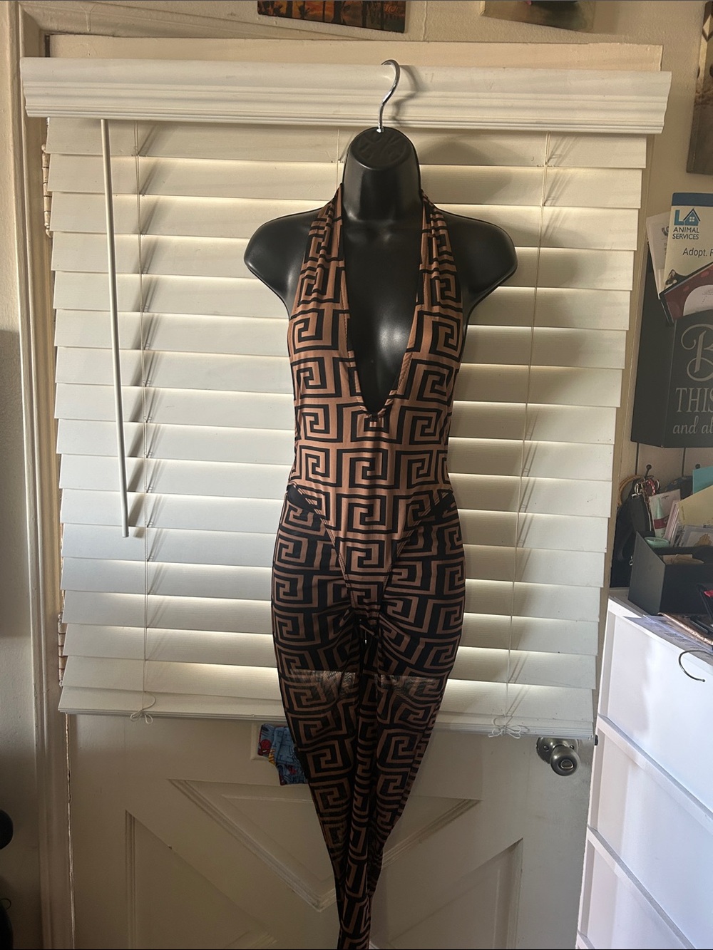Geometric Print Halter Jumpsuit in Brown & Black Sheer Pants